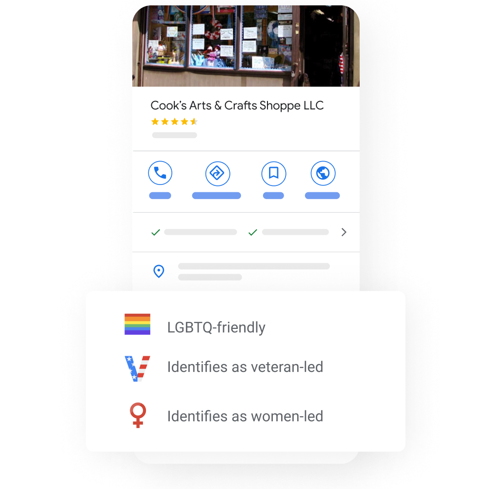 Image of a Business Profile popping out some Added attributes like: Black-owned, women-led, veteran-led, and LGBTQ-friendly .