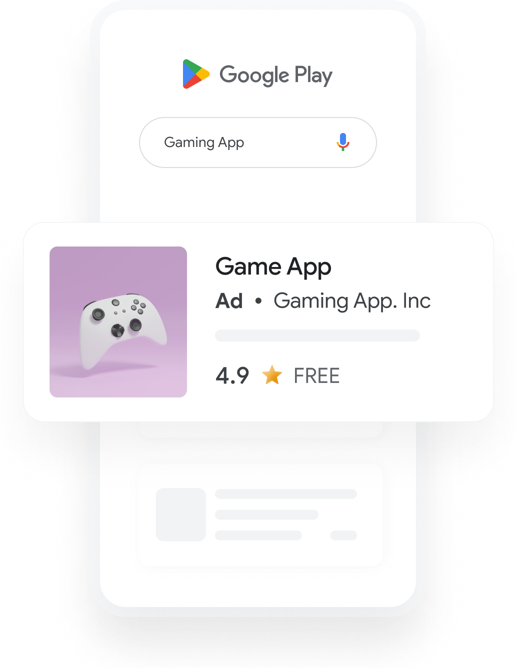 Illustration of a phone shows a Google Play search query for Gaming App that results in a relevant App Ad.