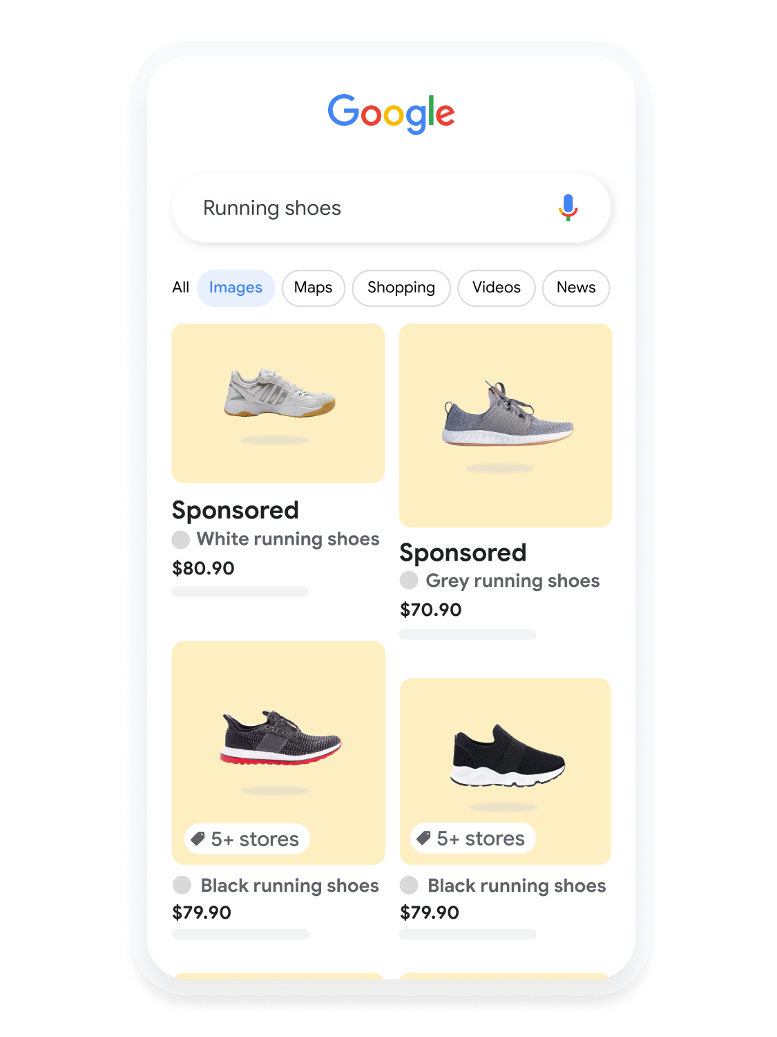 Mobile user interface animated to show a user searching for running shoes on Google Images.