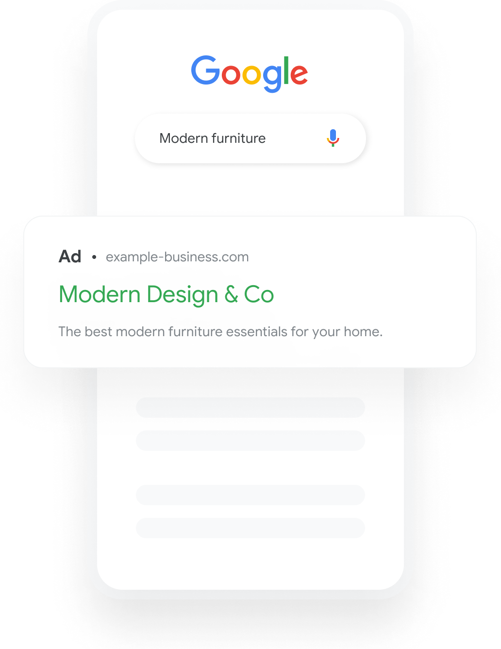 Illustration that shows a Google search query for home decor that results in a relevant furniture search ad showing.