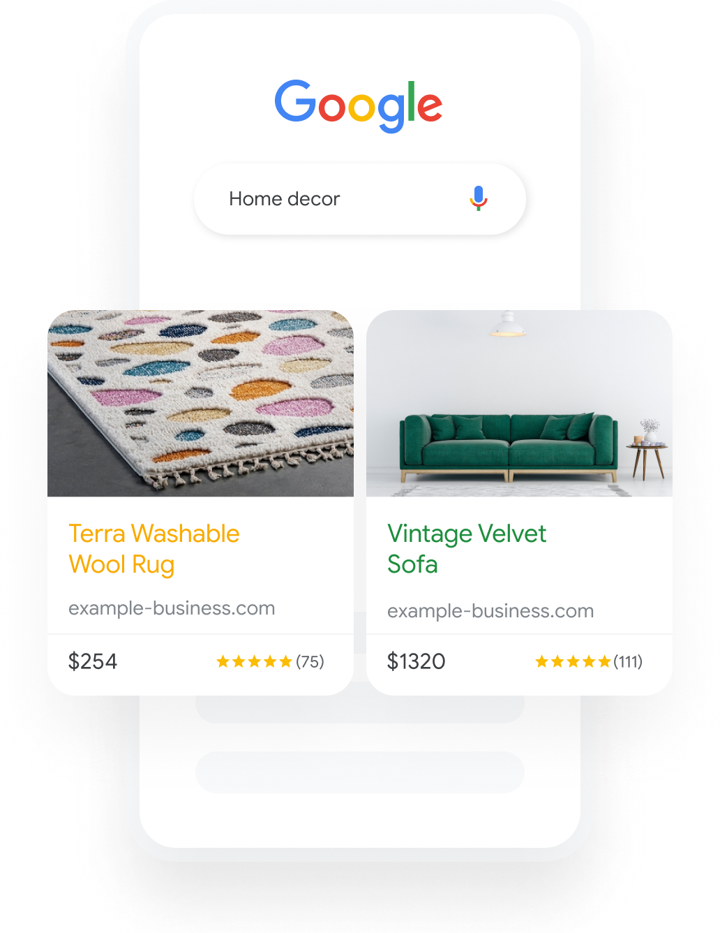 Illustration of a phone shows a Google search query for Home Decor that results in two relevant Shopping Ads.