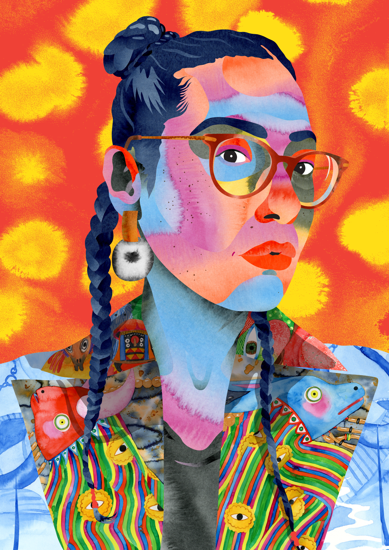 Mulitcolor headshot illustration of H�l�ne looking straight at the camera. H�l�ne has black hair styled with a top bun and two braids on each side. H�l�ne has black eyes and brownish-red framed glasses and bright red lilps. Their skin is multicolored with peach, purple, blue, and orange they have a mulicolored blazer on with a print of fictional animals and yellow eyes. They are wearing a bold earring and have standing in front of a red background with bright yellow splotches.