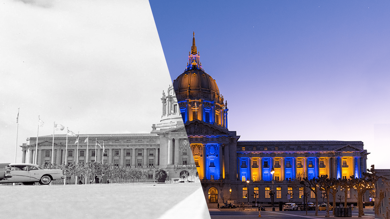 Picture of San Francisco city hall, half the image is an old black and white photo the other half is a current picture where city hall is lit up in gold and blue lights