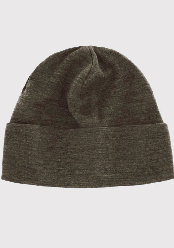 The Journey Hat by Woolx is a classic dark green beanie with a folded brim, showcased on a plain white background. Crafted from moisture-wicking Merino wool, the fabric boasts a subtle, slightly heathered texture. Dark Moss