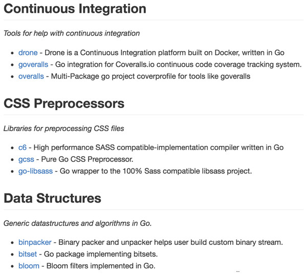 A part of the README.md file of awesome-go curation project.