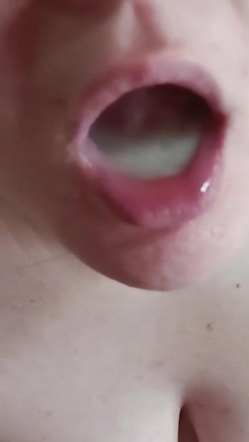 She swallows a lot of cum. Mouth is full of thick cum. Real loves cum.