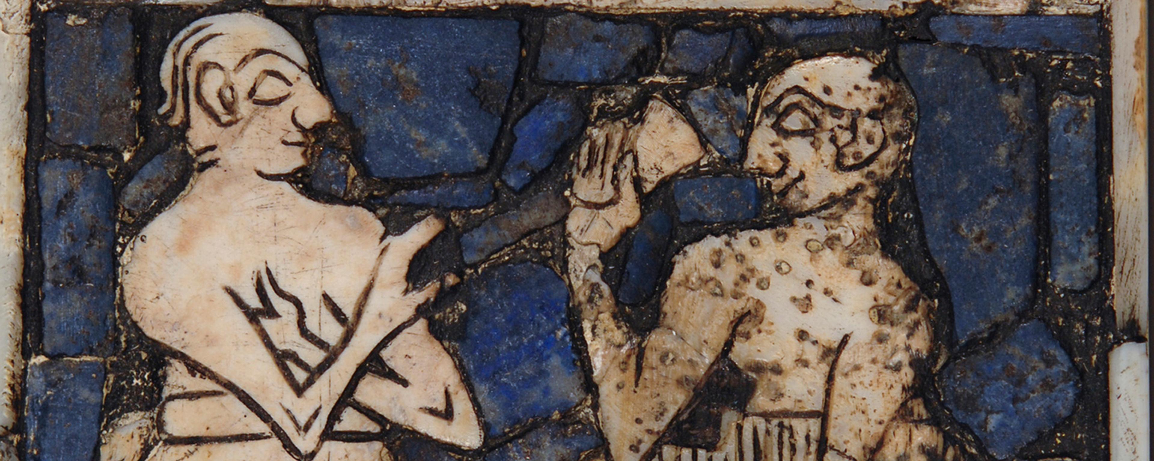 Ancient mosaic depicting two figures with instruments on a blue stone background.