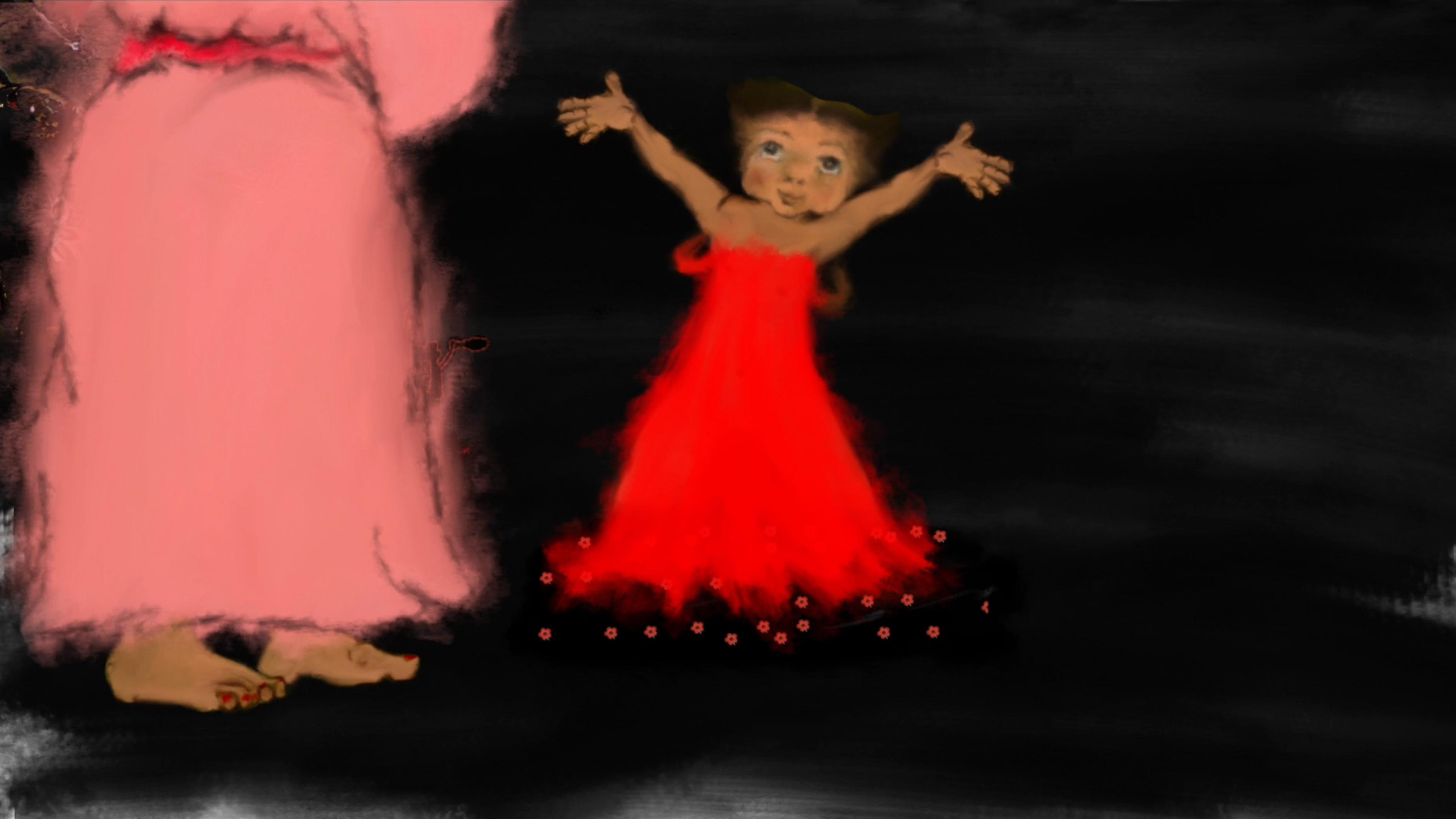 Painting of a child in a red dress with arms raised standing beside an adult in a pink dress against a dark background.