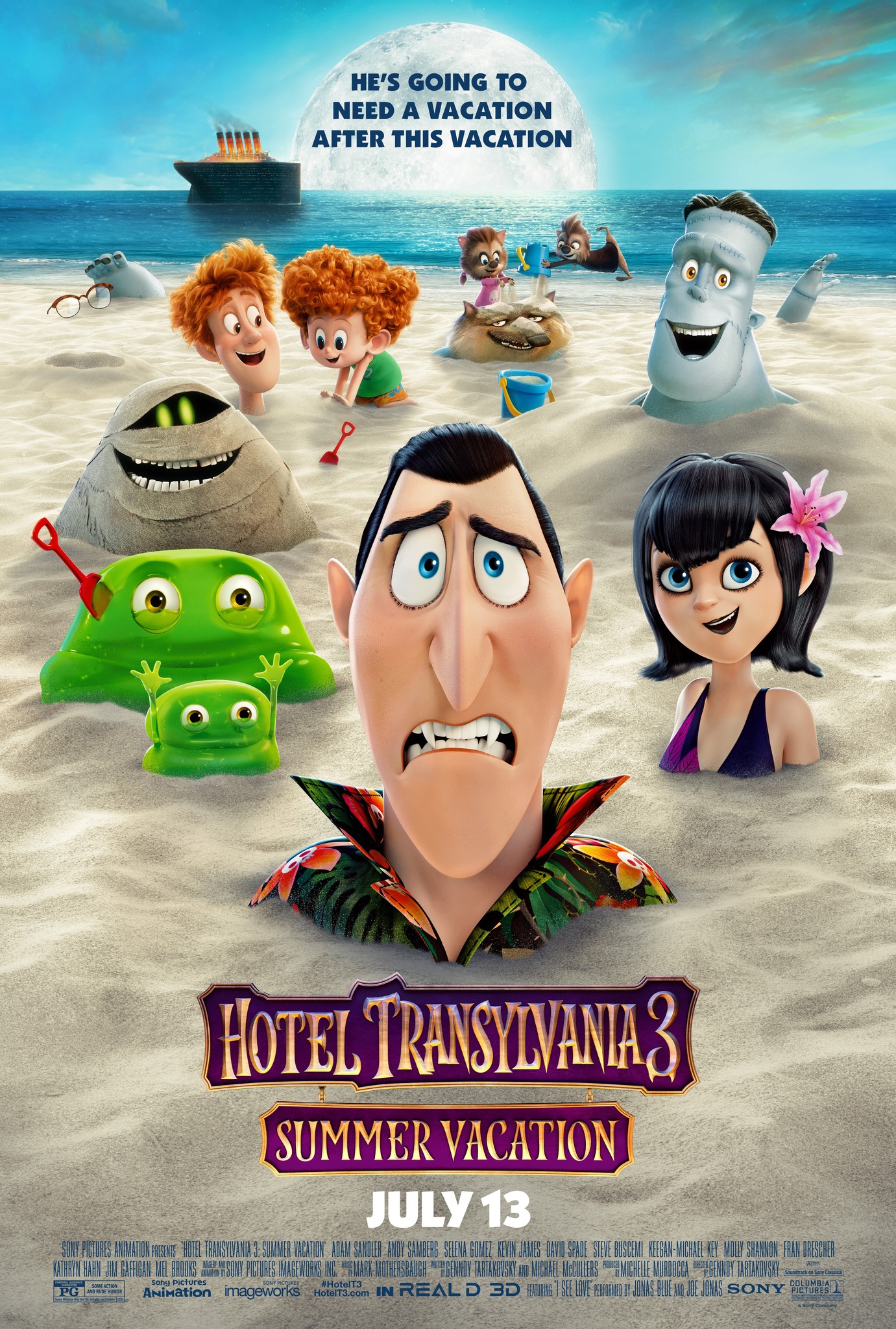 Steve Buscemi, Adam Sandler, David Spade, Kevin James, Genndy Tartakovsky, Keegan-Michael Key, Selena Gomez, and Andy Samberg in Hotel Transylvania 3: Summer Vacation (2018)