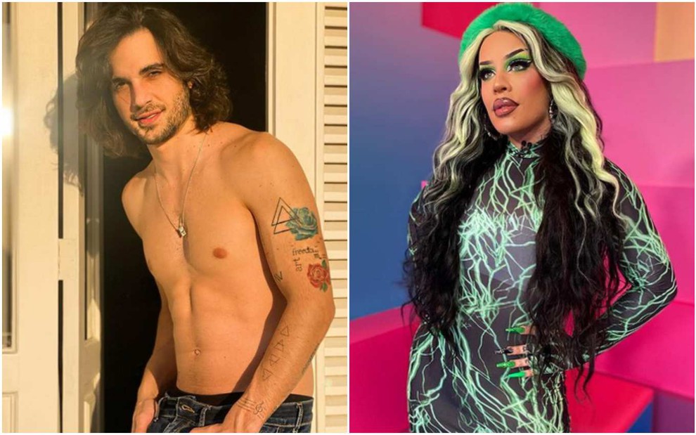 Montagem dos cantores Fiuk e Gloria Groove; ele aparece sem camisa, no sol, e ela com vestido brilhante, em frente a fundo rosa