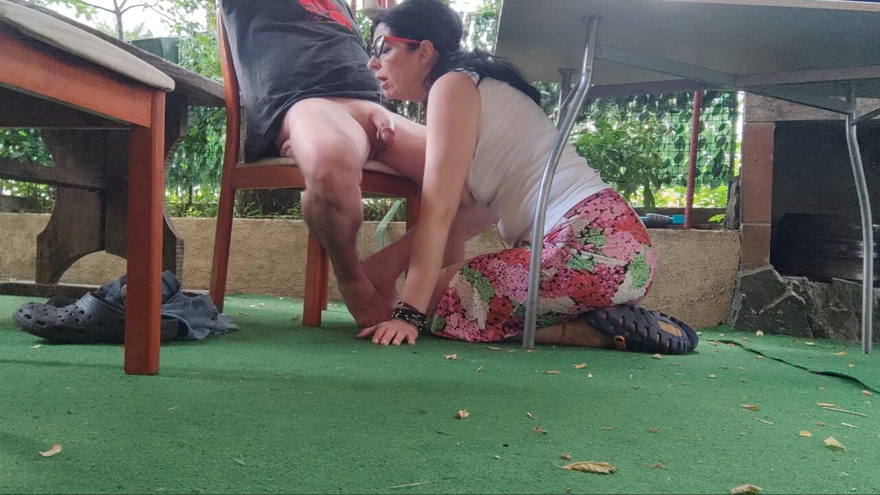 Kinky wife sucks big cock under the table