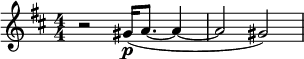 
\relative c' {
  \key d \major
  \numericTimeSignature
  \time 4/4
    r2 gis'16\p( a8. ~ a4 ~ | a2 gis2) | 
   }
