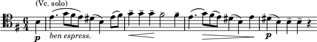 
\relative c' \new Staff {
 \key e \minor \time 6/4 \clef tenor \partial 4
  b\p^\markup {{ (Vc. solo) }} e4._\markup { \italic { ben espress. } } ( g8 fis e) dis4( b) e8( fis)
  g4--\< g-- g--\! fis2-- fis4-- e4.( g8\> ) fis( e) dis4( b) e\!
  dis\p ( b) b-- b-- r
}
