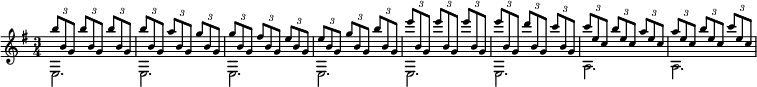 
  \new Staff \with { midiInstrument = "fx 1 (rain)" \magnifyStaff #5/7 }
  \relative e'' { 
    \set Score.tempoHideNote = ##t
    \key e \minor
    \time 3/4
    \tempo 4 = 116
     << { 
      \voiceOne
       \times 2/3 {b'8 b, g} \times 2/3 {b'8 b, g} \times 2/3 {b'8 b, g} \times 2/3 {b'8 b, g} \times 2/3 {a'8 b, g} \times 2/3 {g'8 b, g}
       \times 2/3 {g'8 b, g} \times 2/3 {fis'8 b, g} \times 2/3 {e'8 b g} \times 2/3 {e'8 b g} \times 2/3 {g'8 b, g} \times 2/3 {b'8 b, g}
       \times 2/3 {e''8 b, g} \times 2/3 {e''8 b, g} \times 2/3 {e''8 b, g} \times 2/3 {e''8 b, g} \times 2/3 {d''8 b, g}
       \times 2/3 {c'8 b, g} \times 2/3 {c'8 e, c} \times 2/3 {b'8 e, c} \times 2/3 {a'8 e c} \times 2/3 {a'8 e c} \times 2/3 {b'8 e, c}
       \times 2/3 {c'8 e, c}
      } \new Voice { 
      \voiceTwo
       e,,2. e e e e e a a2.
      } 
    >>
  }
