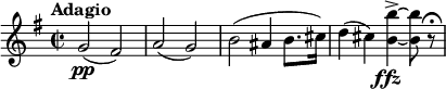 
\relative c'' {
  \tempo "Adagio"
  \key e \minor
  \time 2/2
  g2\pp (fis) | a (g) | b (ais4 b8. cis16) | d4 (cis) <b b'>->~_\markup \center-align{\dynamic ffz} <b b'>8 r\fermata
}
