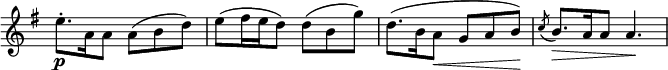 
\relative c' \new Staff \with { \remove "Time_signature_engraver" } {
 \key e \minor \time 6/8
  e'8.-.\p a,16 a8 a( b d) e( fis16 e d8) d( b g')
  d8.( b16 a8\< g a b\! ) \acciaccatura c b8.\> a16 a8 a4.\!
}
