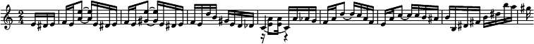 
  \new Staff \with { midiInstrument = "fx 1 (rain)" \magnifyStaff #5/7 }
  \relative a' { 
    \set Score.tempoHideNote = ##t
    \key a \minor
    \time 2/4
    \tempo 4 = 112
     \partial 8. e16 dis e f e <a e'>8 ~ 16 e dis e f e <gis e'>8 ~ 16 e dis e f e d' b gis e d des 
     << { 
      \voiceOne
       \tieDown c4 ~ 16 a' as g
      } \new Voice { 
      \voiceTwo
       r16 <e a>8 <e a>16 r4
      } 
    >>
    f16 a d8 ~ 16 c a f e a c8 ~ 16 c b ais b b, dis fis \stemDown b dis b' a gis
  }
  \layout {
    \context {
      \Score
      \override SpacingSpanner.base-shortest-duration = #(ly:make-moment 1/16)
    }
  }
