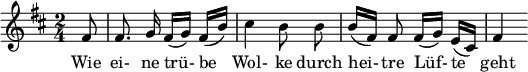  { \new Staff << \relative c' {\set Staff.midiInstrument = #"clarinet" \tempo 4 = 45 \set Score.tempoHideNote = ##t
  \key b \minor \time 2/4 \autoBeamOff \set Score.currentBarNumber = #6 \set Score.barNumberVisibility = #all-bar-numbers-visible \bar ""
  \partial 8 fis8 | fis8. g16 fis[( g)] fis[( b)] | cis4 b8 b | b16[( fis)] fis8 fis16[( g)] e[( cis)] | fis4 }
  \addlyrics { Wie ei- ne tr�- be_ Wol- ke durch hei- tre L�f- te_ geht } >>
}