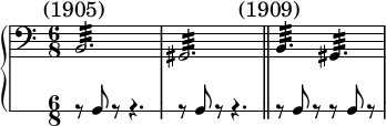 
\relative c' {
  \new PianoStaff <<
   \new Staff { 
     \numericTimeSignature \key c \major \time 6/8 \clef bass
      \mark " (1905)" b,2.:32\> | gis:32
      \bar "||" 
      \mark " (1909)" b4.:32\> gis:32 | 
   }
   \new RhythmicStaff { \time 6/8
     r8 b8 r r4. | r8 b8 r r4.
     \bar "||"
     r8 b r r b r 
    }
   >>
  }
