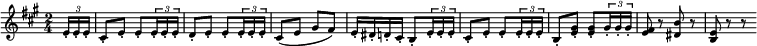 
  \new Staff \with { midiInstrument = "fx 1 (rain)" \magnifyStaff #5/7 }
  \relative a' { 
    \set Score.tempoHideNote = ##t
    \key a \major
    \time 2/4
    \tempo 4 = 100
     \partial 8 
     \times 2/3 {e16-. e-. e-.} cis8-. e-. e-. \times 2/3 {e16-. e-. e-.} d8-. e-. e-.
     \times 2/3 {e16-. e-. e-.} cis8 (e gis fis) e16-. dis-. d-. cis-. b8-.
     \times 2/3 {e16-. e-. e-.} cis8-. e-. e-. \times 2/3 {e16-. e-. e-.} b8-. <e gis>-. <e gis>-.
     \times 2/3 {gis16-. gis-. gis-.} <e fis>8 r <dis b'> r <b e> r r
  }
