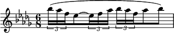 
\relative c' {
  \numericTimeSignature \key des \major \time 6/8
   \tuplet 3/2 {bes''16( aes f } ees8~ \tuplet 3/2 {ees16 f aes  }
   \tuplet 3/2 {bes16 aes f } aes8 bes)
   }
