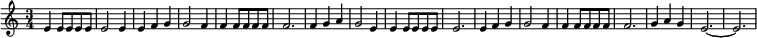 
  \new Staff \with { midiInstrument = "fx 1 (rain)" \magnifyStaff #5/7 }
  \relative a' { 
    \set Score.tempoHideNote = ##t
    \key c \major
    \time 3/4
    \tempo 4 = 120
      e4 e8 e e e e2 e4 e f g g2 f4 f f8 f f f f2. f4 g a g2 e4 e e8 e e e e2. e4 f g g2 f4 f f8 f f f f2. g4 a g e2. ~ e2.
  }
