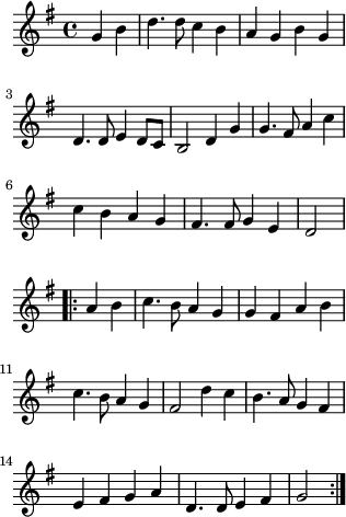 \language "deutsch"     \relative g' { \key g \major     \partial 2 g4 h4 | d4. d8 c4 h4 | a4 g4 h4 g4 | \break     d4. d8 e4 d8 c8 | h2 d4 g4 | g4. fis8 a4 c4 | \break     c4 h4 a4 g4 | fis4. fis8 g4 e4 | d2 | \break          \repeat volta 2 {         a'4 h4 c4. h8 a4 g4 g4 fis4 a4 h4 \break          c4. h8 a4 g4 fis2 d'4 c4 h4. a8 g4 fis4 \break         e4 fis4 g4 a4 d,4. d8 e4 fis4 g2         }              }