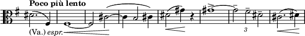 
\relative c' \new Staff \with { \remove "Time_signature_engraver" } {
 \key e \minor \time 2/2 \tempo "Poco più lento" \clef C
  \override TupletBracket.bracket-visibility = ##f
  dis2._\markup { (Va.) \italic espr. } ( fis,4) fis1~\<  fis2
  cis'2~\! ( cis4 b2 cis4) dis2\< ( gis4\! ) r gis1-> ~
  \times 2/3 { gis2-- fis-- dis-- } cis2.\< ( dis4\! )
}
