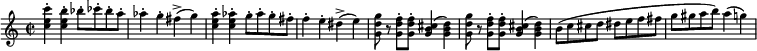 
  \new Staff \with { midiInstrument = "fx 1 (rain)" \magnifyStaff #5/7 }
  \relative c' { 
    \set Score.tempoHideNote = ##t
    \key c \major
    \time 2/2
    \tempo 2 = 120
     <c' e c'>4-. <c e b'>4-. bes'8-. ces-. bes-. a-. as4-. g-. fis-> (g) <c, e a>4-. <c e as>4-. g'8-. as-. g-. fis-. f4-. e-. dis-> (e)
     <g, d' g>8 r <g d' f>-. <g d' f>-. <g b cis>4 (<g b d>) <g d' g>8 r <g d' f>-. <g d' f>-. <g b cis>4 (<g b d>)
     b8 (c cis d dis e f fis g gis a b) a4 (g) 
  }
