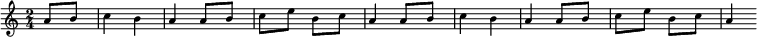 
  \new Staff \with { midiInstrument = "fx 1 (rain)" \magnifyStaff #5/7 }
  \relative a' { 
    \set Score.tempoHideNote = ##t
    \key a \minor
    \time 2/4
    \tempo 4 = 92
     \partial 4 a8 b c4 b a a8 b c e b c a4 a8 b c4 b a a8 b c e b c a4
  }
  \layout {
    \context {
      \Score
      \override SpacingSpanner.base-shortest-duration = #(ly:make-moment 1/128)
    }
  }
