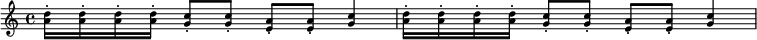 
  \new Staff \with { midiInstrument = "fx 1 (rain)" \magnifyStaff #5/7 }
  \relative c' { 
    \set Score.tempoHideNote = ##t
    \key c \major
    \time 4/4
    \tempo 4 = 108
     <a' d>16-. <a d>16-. <a d>16-. <a d>16-. <g c>8-. <g c>8-. <e a>8-. <e a>8-. <g c>4
     <a d>16-. <a d>16-. <a d>16-. <a d>16-. <g c>8-. <g c>8-. <e a>8-. <e a>8-. <g c>4
  }
  \layout {
    \context {
      \Score
      \override SpacingSpanner.base-shortest-duration = #(ly:make-moment 1/256)
    }
  }
