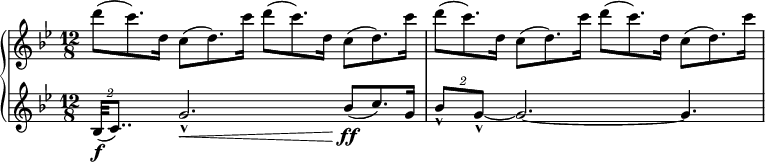 
\relative b' {
  \new PianoStaff <<
   \new Staff { 
    \numericTimeSignature \key bes \major \time 12/8
     d'8\ff\>( c8.) d,16 c8\<( d8.) c'16 d8\ff\>( c8.) d,16 c8\<( d8.) c'16 |
     d8\ff\>( c8.) d,16 c8\<( d8.) c'16 d8\ff\>( c8.) d,16 c8\<( d8.) c'16
    }
   \new Staff {
    \numericTimeSignature \key bes \major \time 12/8
     \tuplet 2/3 { bes,,32\f( c8..) } g'2.-^\< bes8\ff( c8.) g16 | 
     \tuplet 2/3 { bes8-^ g-^~ } g2.~ g4.  
    }
   >>
  }
