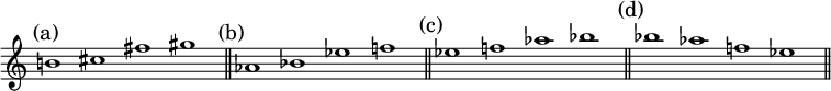 
\relative c' {
  \numericTimeSignature
  \time 4/1
   \mark " (a)" b'!1 cis fis gis \bar "||" 
   \mark " (b)" aes, bes ees f! \bar "||"
   \mark " (c)" ees f! aes bes \bar "||"
   \mark " (d)" bes aes f! ees \bar "||"
   }
   \layout { \context { \Staff \remove "Time_signature_engraver"  } }
