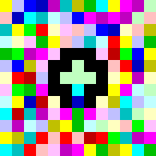 Un carr� contient ce qui semble �tre des pixels multicolores et en son centre une croix de m�me.