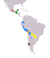 �reas de distribuci�n de las lenguas ind�genas americanas m�s habladas en Suram�rica a principios del siglo XXI: quechua en azul; guaran� en amarillo; aimara en naranja; mapuche en negro.