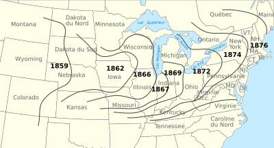 Carte illustrant le propagation du doryphore en Amérique du Nord de 1859 à 1876