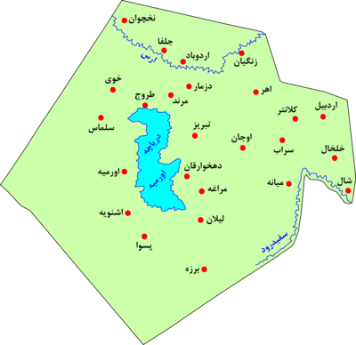 حدود آذربایجان در دوران خلافت عباسیان، برگرفته از کتاب جغرافیای تاریخی سرزمین‌های خلافت شرقی