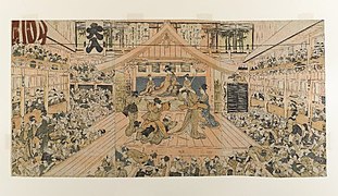 Intérieur d'une salle de kabuki, gravure sur bois de Utagawa Toyokuni vers 1800.