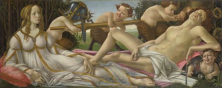 Sandro Botticelli, Vénus et Mars, c 1485. Tempera et huile sur panneau de peuplier, 69 × 173 cm[6].