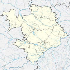 Mapa konturowa powiatu staszowskiego, po lewej nieco u góry znajduje się punkt z opisem „Szydłów”