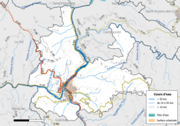 Carte en couleur présentant le réseau hydrographique de la commune