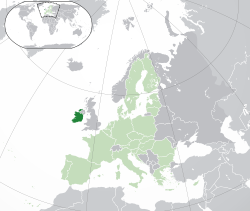 Location of  Ireland  (dark green) – on the European continent  (green & dark grey) – in the European Union  (green)