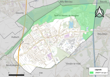 Carte de la ZNIEFF de type 1 sur la commune.