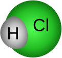 Space-filling model of hydrogen chloride with atom symbols