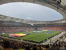 La MHP Arena e la rinnovata tribuna principale dello stadio durante una partita dei gironi del Campionato europeo 2024.