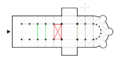 Plan au sol d'une église illustrant les emplacements d'une travée (rouge) et des arcs-doubleaux (vert).