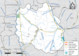 Carte en couleur présentant le réseau hydrographique de la commune