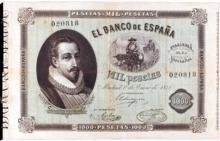 Billete del Banco de Espa�a (1878) dedicado a Cervantes, grabado por Navarrete.