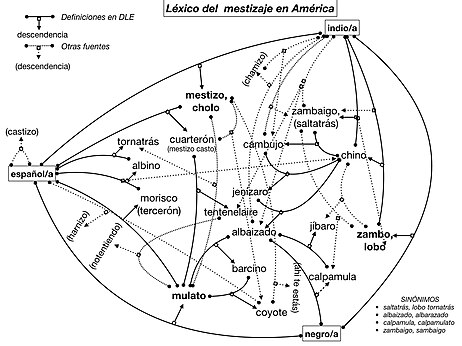 T�rminos empleados en la Am�rica colonial espa�ola para designar a los "mestizos", seg�n el origen de sus ascendientes.