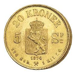 Norsk gullmynt fra 1874, med verdi oppgitt i b�de speciedaler og kroner, henholdsvis 5 speciedaler og 20 kroner. Preget med den norske riksl�ven.